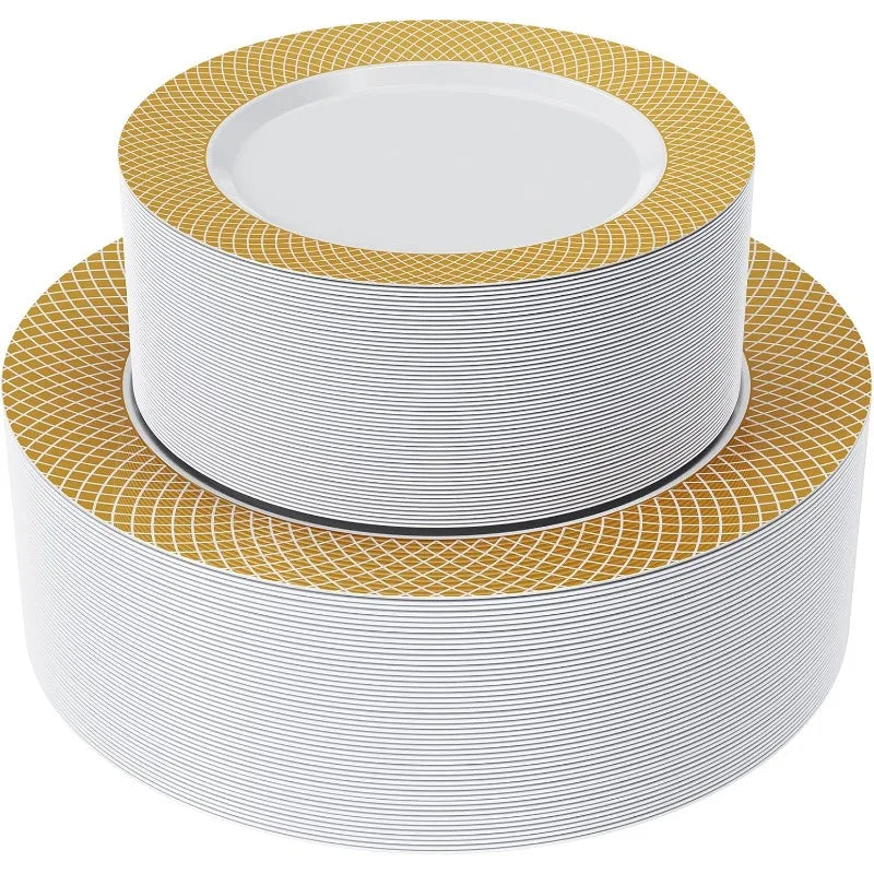 Elegant Fancy Gold Grid Rim Disposable Plastic Plates Set