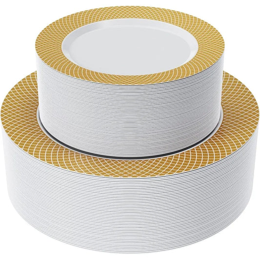 Elegant Fancy Gold Grid Rim Disposable Plastic Plates Set