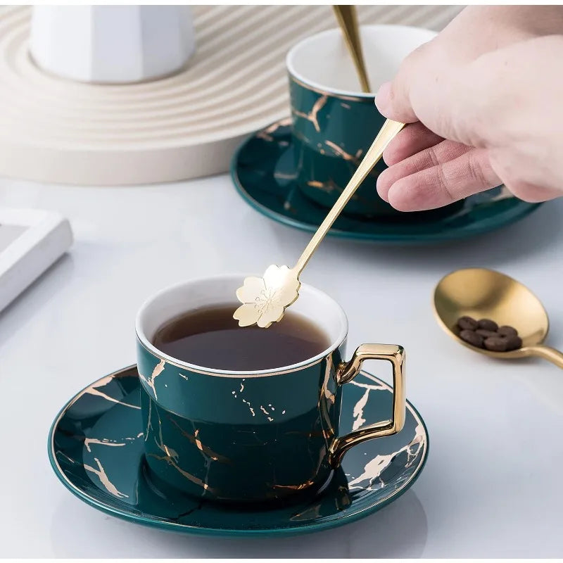 Set of 4- Hand Printed Golden Matte Ceramic Marble Coffee/Tea Cups with Spoons and Cup Holder