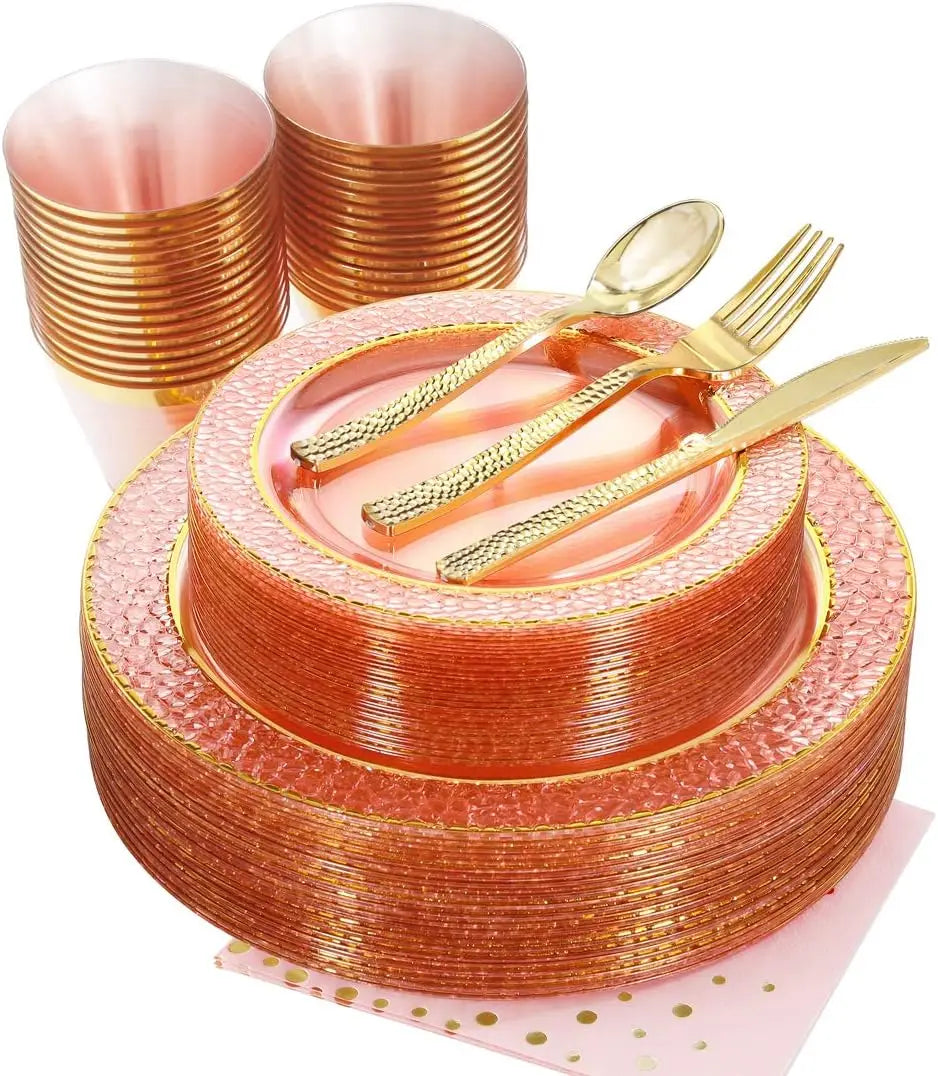 175PCS Pink and Gold Disposable and Reusable Plastic Plates Set