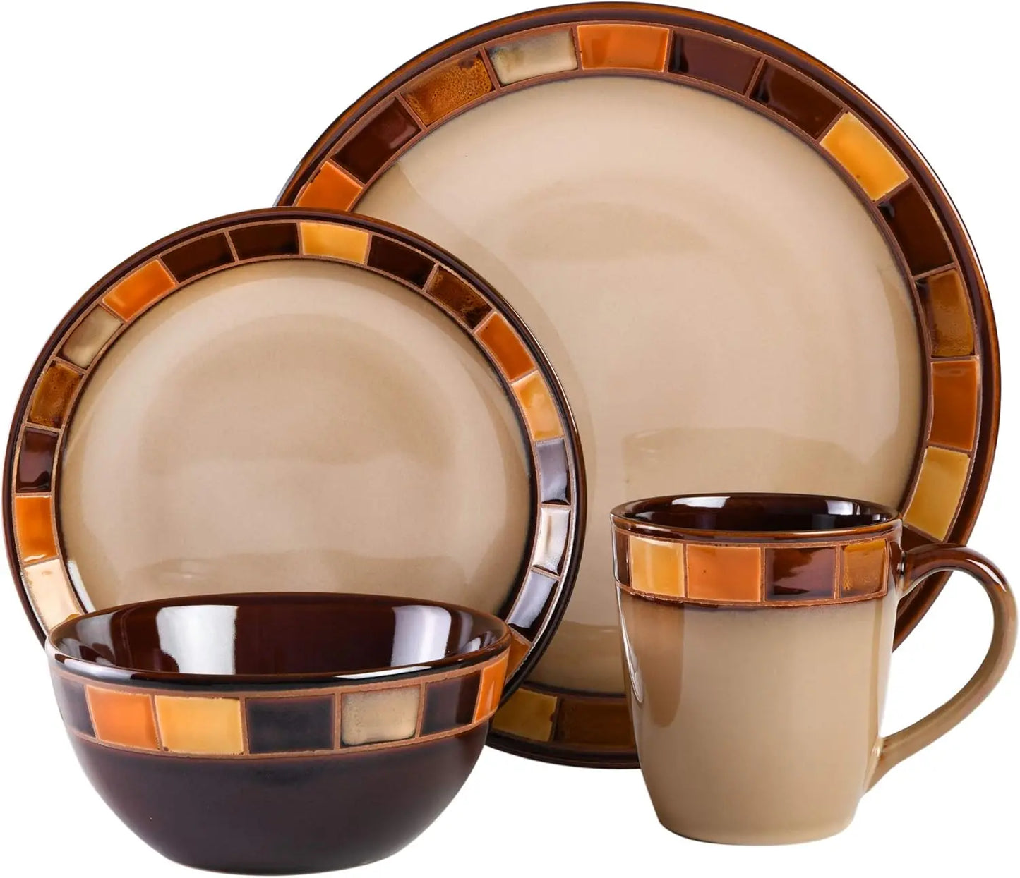 16-piece Ceramic Dinnerware Set, Service for 4- Beige and Brown, Dishwasher and Microwave Safe