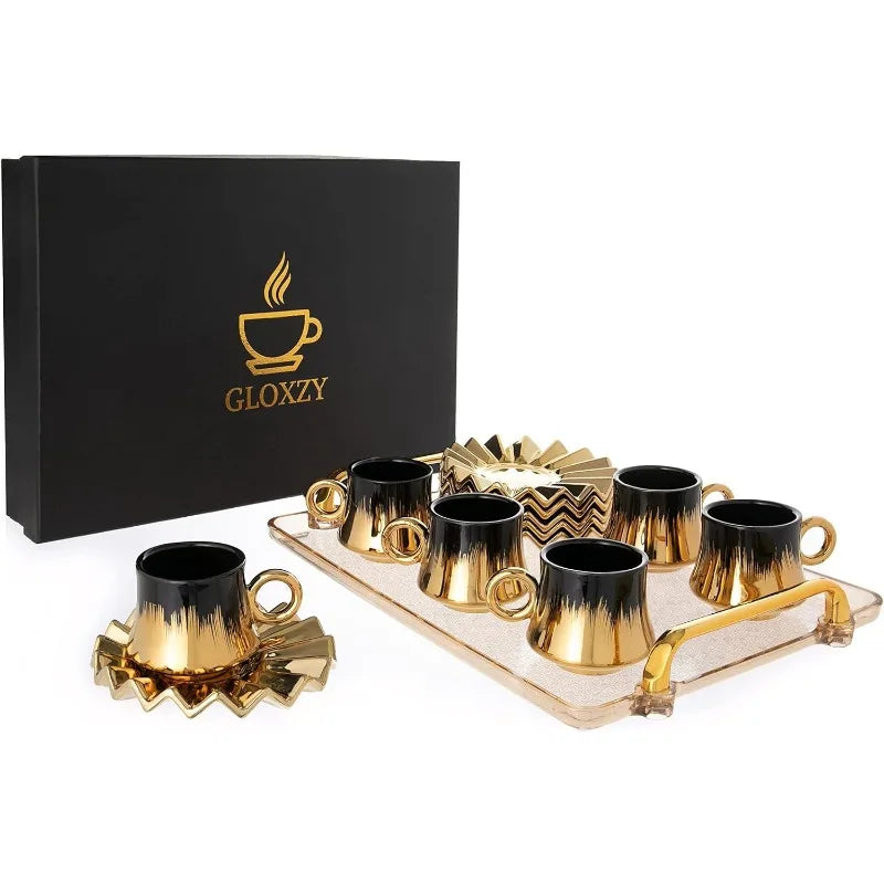 Turkish Coffee Cup Set of 6 with Saucers & Tray - Luxury Arabic Greek Japanese Marble Ceramic Tea Cups for Espresso, Cappuccino