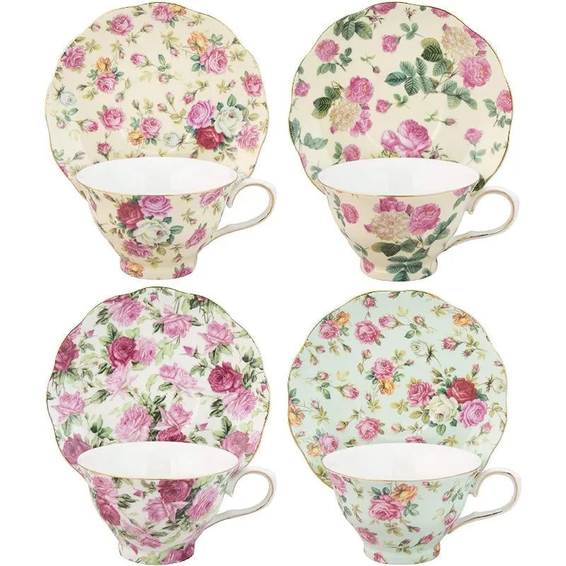 Rose Chintz 8-Ounce Porcelain Tea Cup and Saucer, Set of 4