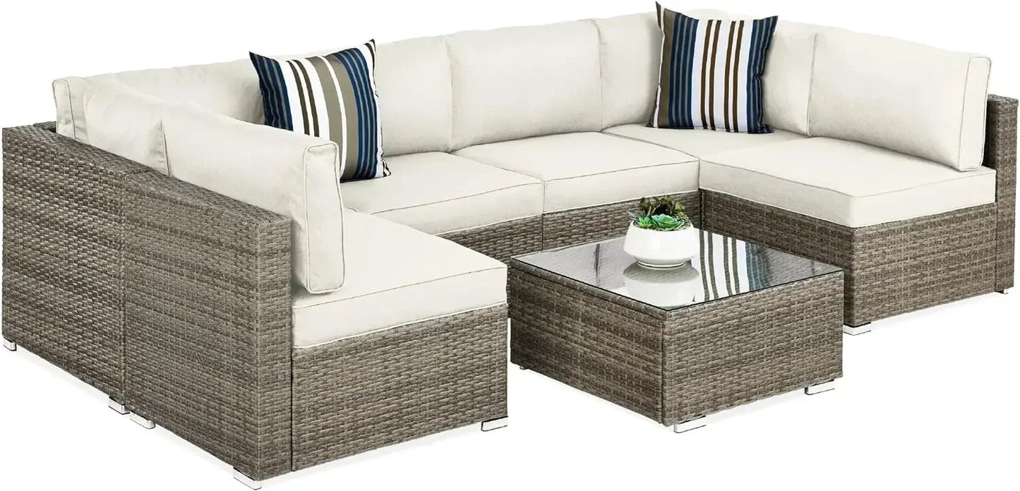 Modular Outdoor Sectional Wicker Patio Conversation Set w/ 2 Pillows, Coffee Table, Cover Included