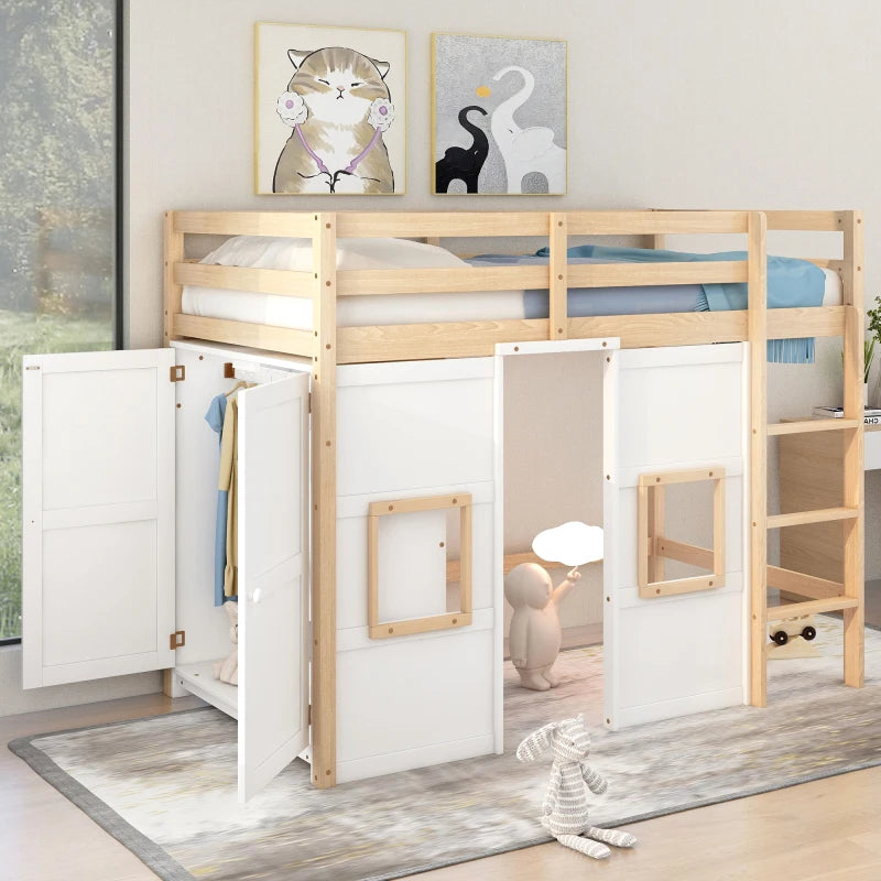 Wood Twin Size Loft Bed with Built-in Storage Wardrobe and 2 Windows