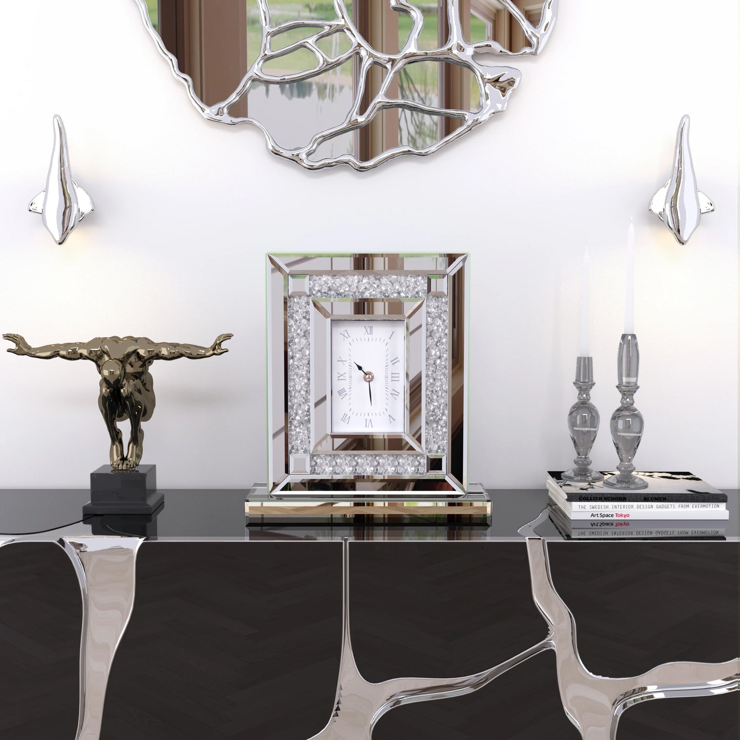 Crushed Diamond Mirrored Table Top Decorative Clock