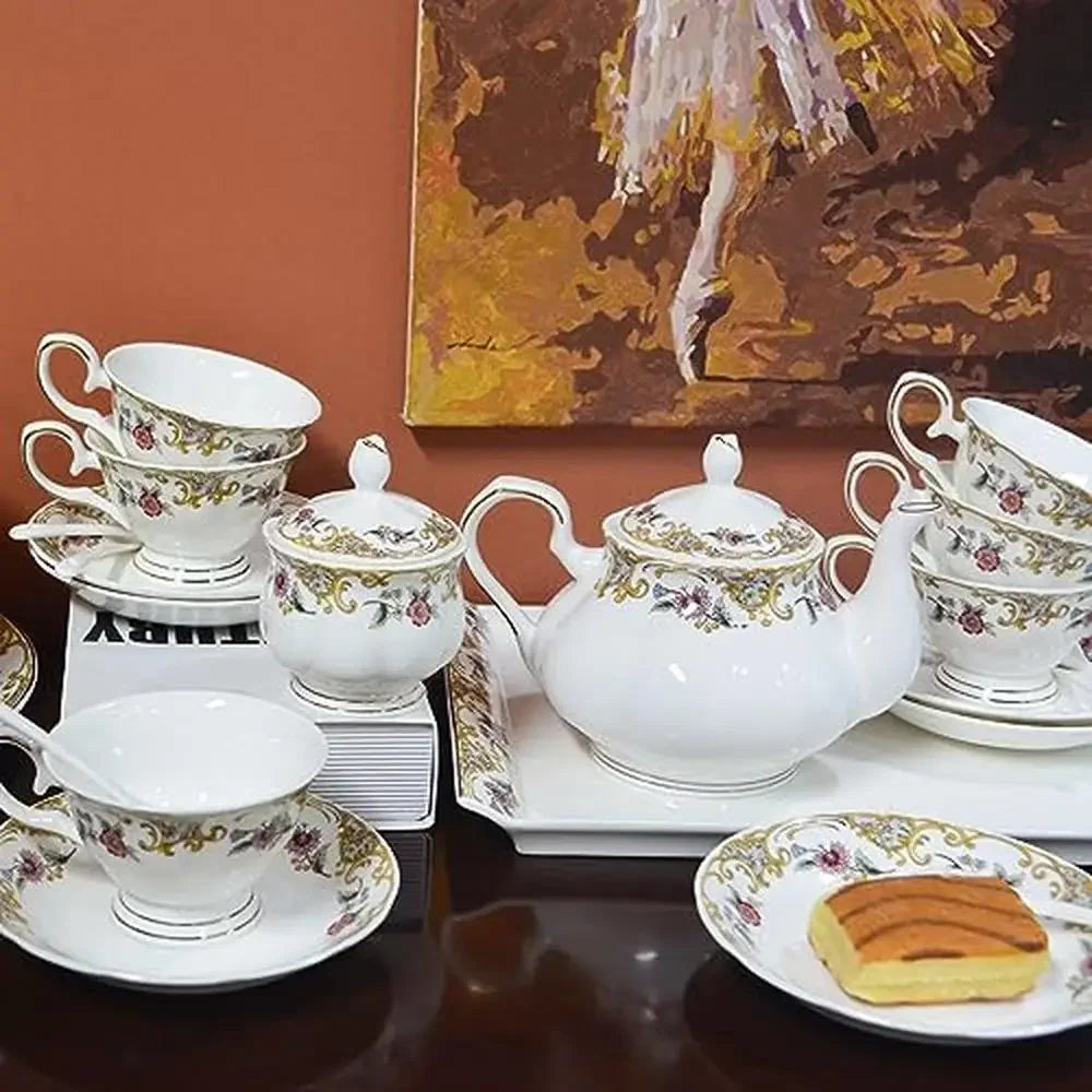 21-Piece Floral Design English Style Porcelain Bone China Tea Set