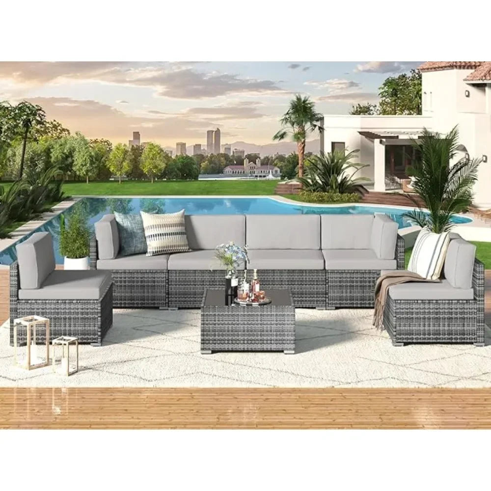 7 Piece Wicker Outdoor Sectional Sofa Patio Furniture Set