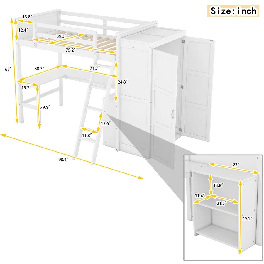 Kids Twin size Multifunctional Bed with Desk, Shelves and Wardrobe