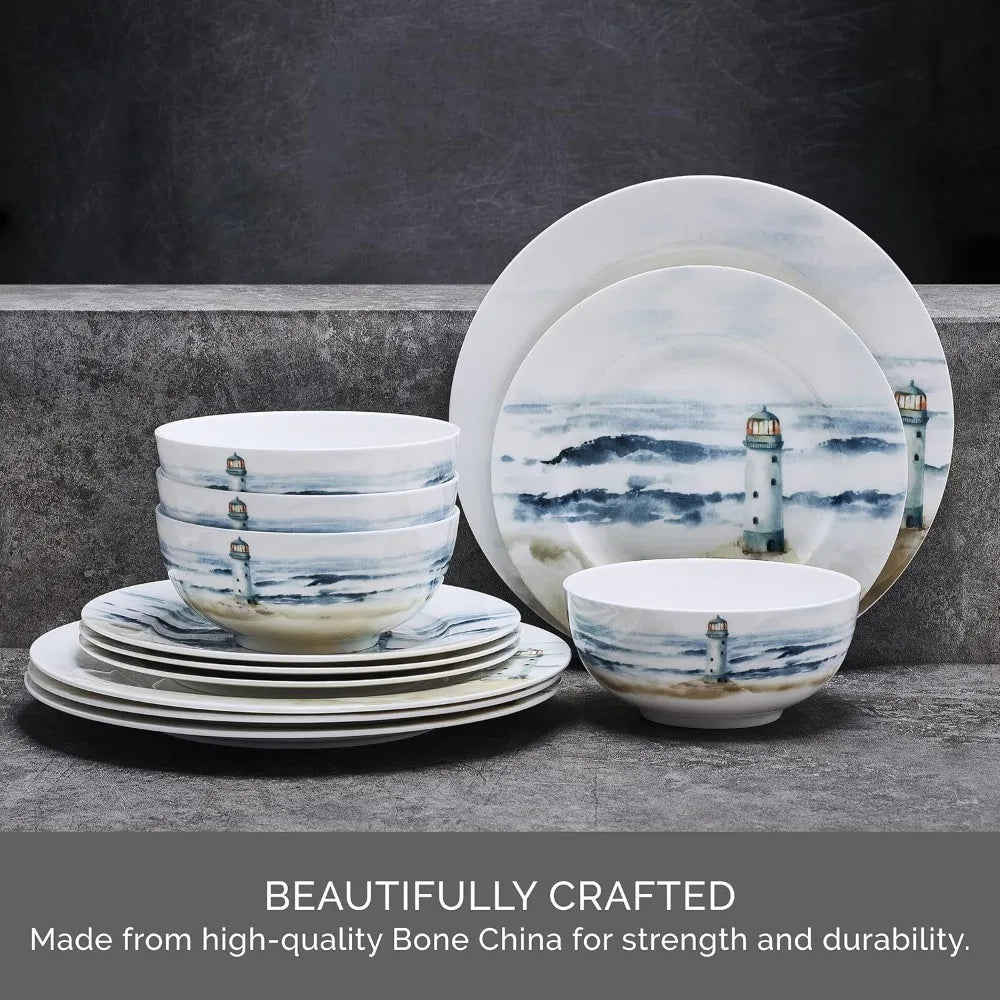 Mikasa Seaside Coastal Bone China Lightweight Chip Resistant 12 Piece Dinnerware Set