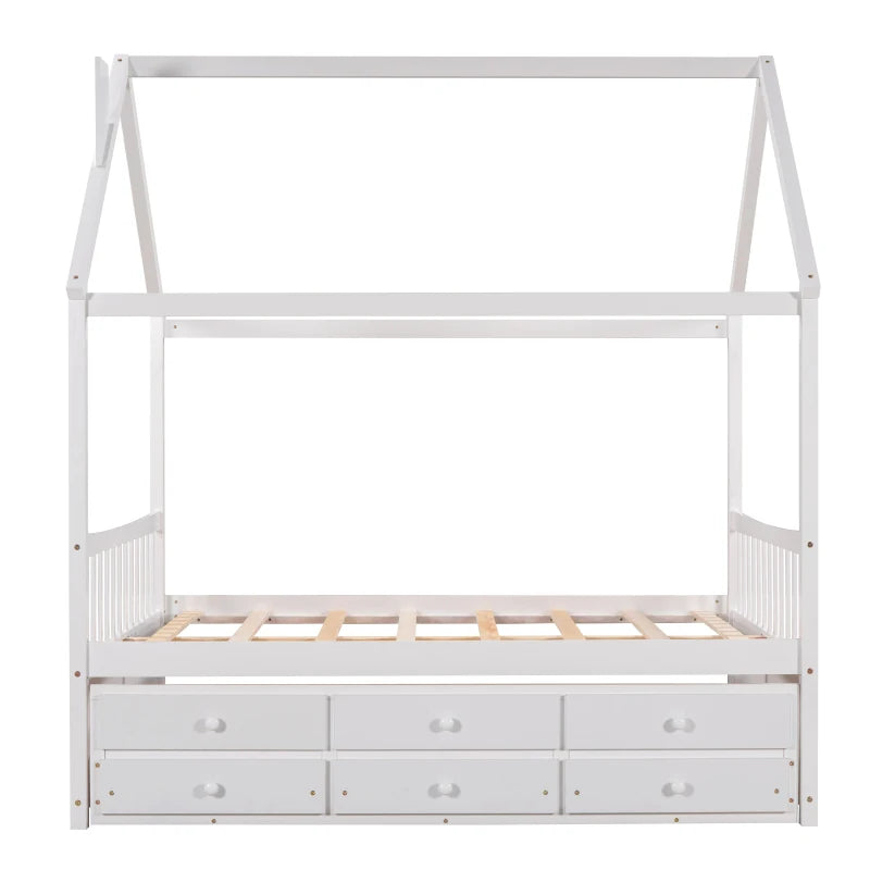 Wooden House Bed Frame for Kids with Ample Storage Options, Roof Design