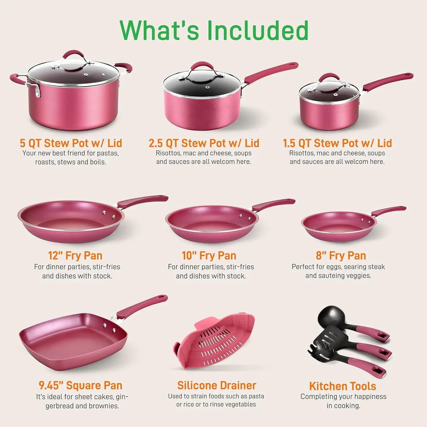 Marron Pink 20 Piece Metallic Nonstick Ceramic Cookware And Utensils Set