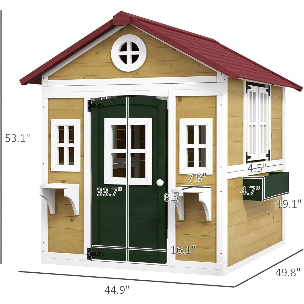 Wooden Playhouse with Planter Pots Boxes for Toddlers 3-8 Years