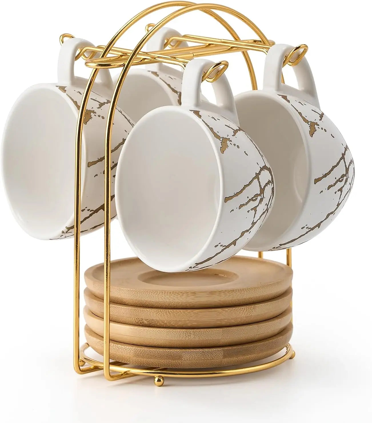 Ceramic Demitasse Espresso 8 oz Cups Set with Saucers and Metal Stand