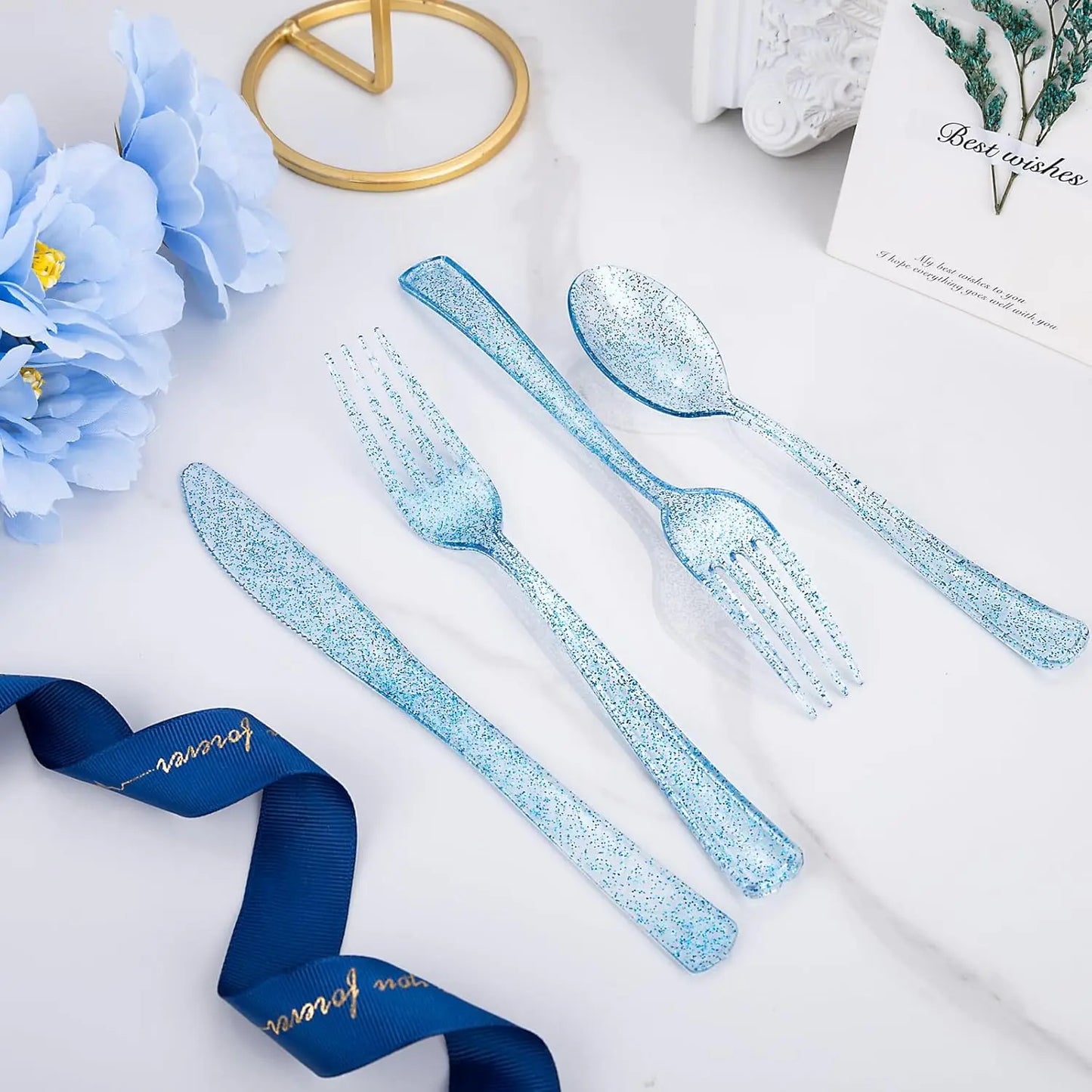 180Pcs Blue Glitter Disposable Dinnerware Set (30 Guests), With Glitter Silverware