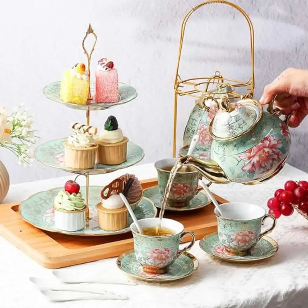 3-Tier 21-Piece European Porcelain Tea Set with Metal Holder