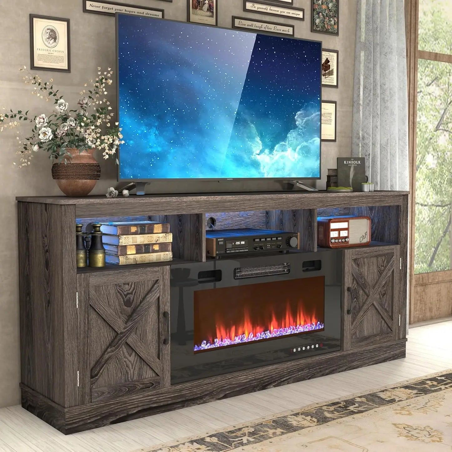 Farmhouse Fireplace TV Stand for 70/75/80 Inch TV 32”Tall Entertainment Center w/ 36”Electric Fireplace & LED Light