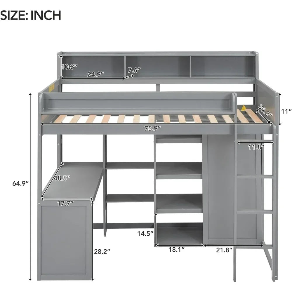 Solid Wood High Loft Bed Frame with Desk & Wardrobe