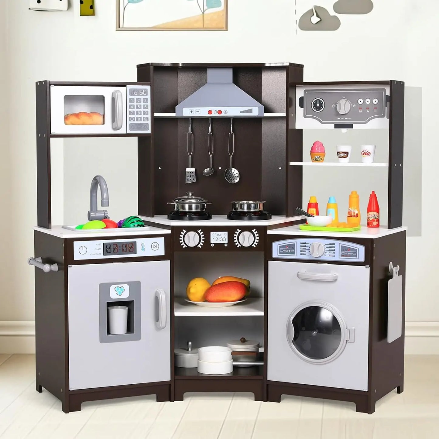 Wooden Pretend Toy Kitchen Playset w/Washer, Range Hood w/Light & Sound