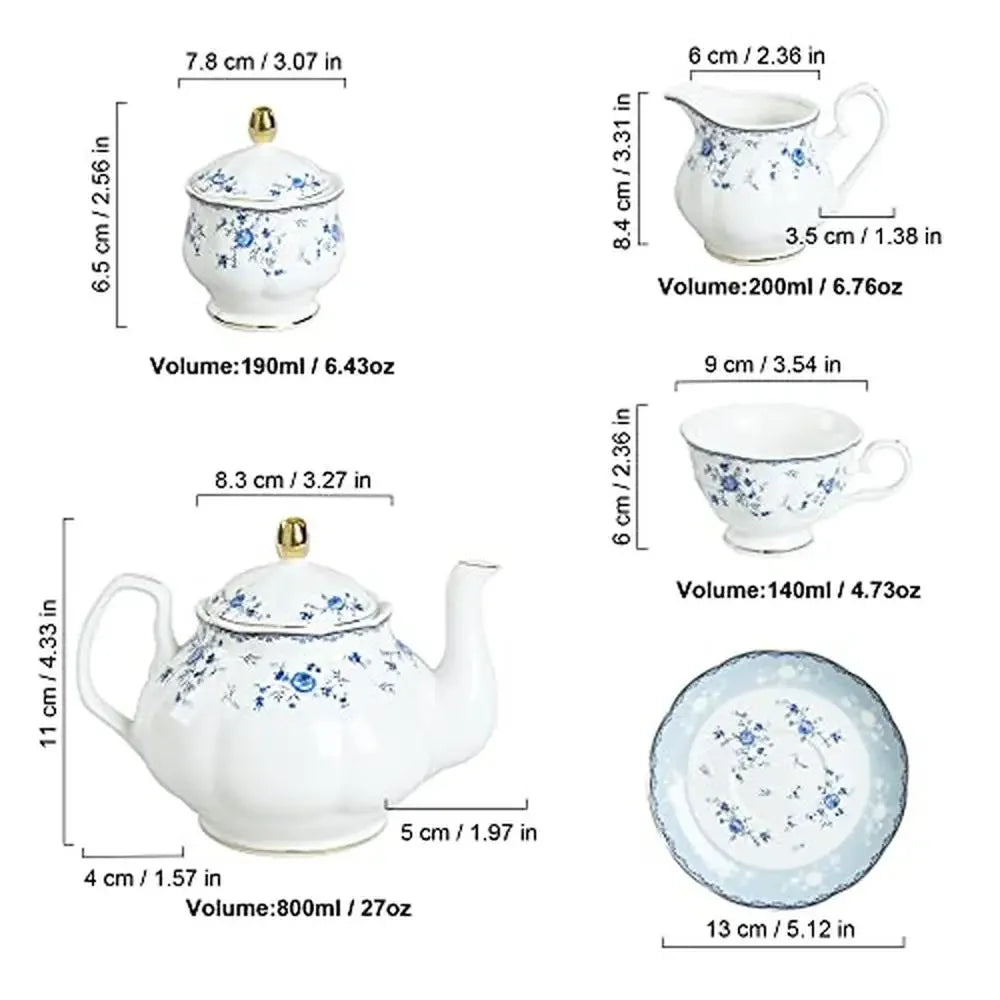 15 Piece British Floral Porcelain Tea Set with Blue Rose Pattern