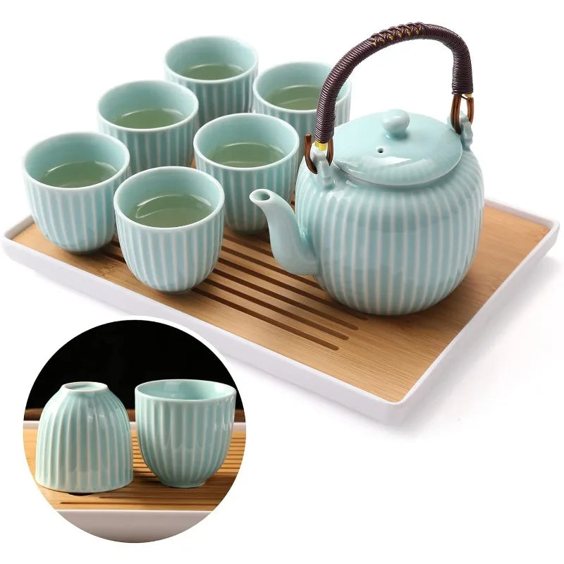 Tea Set for 6, Kiln Altered Glaze Porcelain Tea Set with 1 pot, 6  Cups & 1 Tray