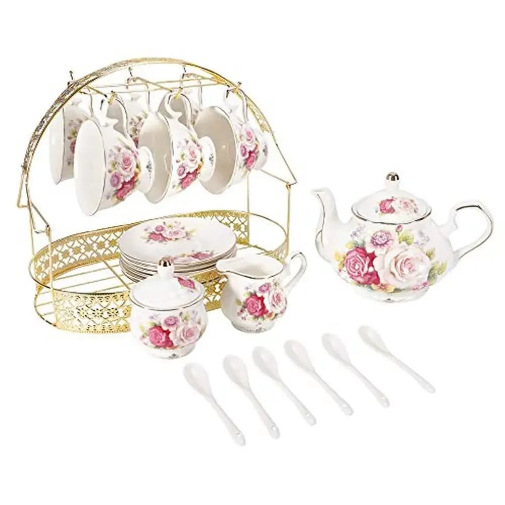 Colorful Rose European Ceramic Tea Set with Metal Holder, 15 Pieces