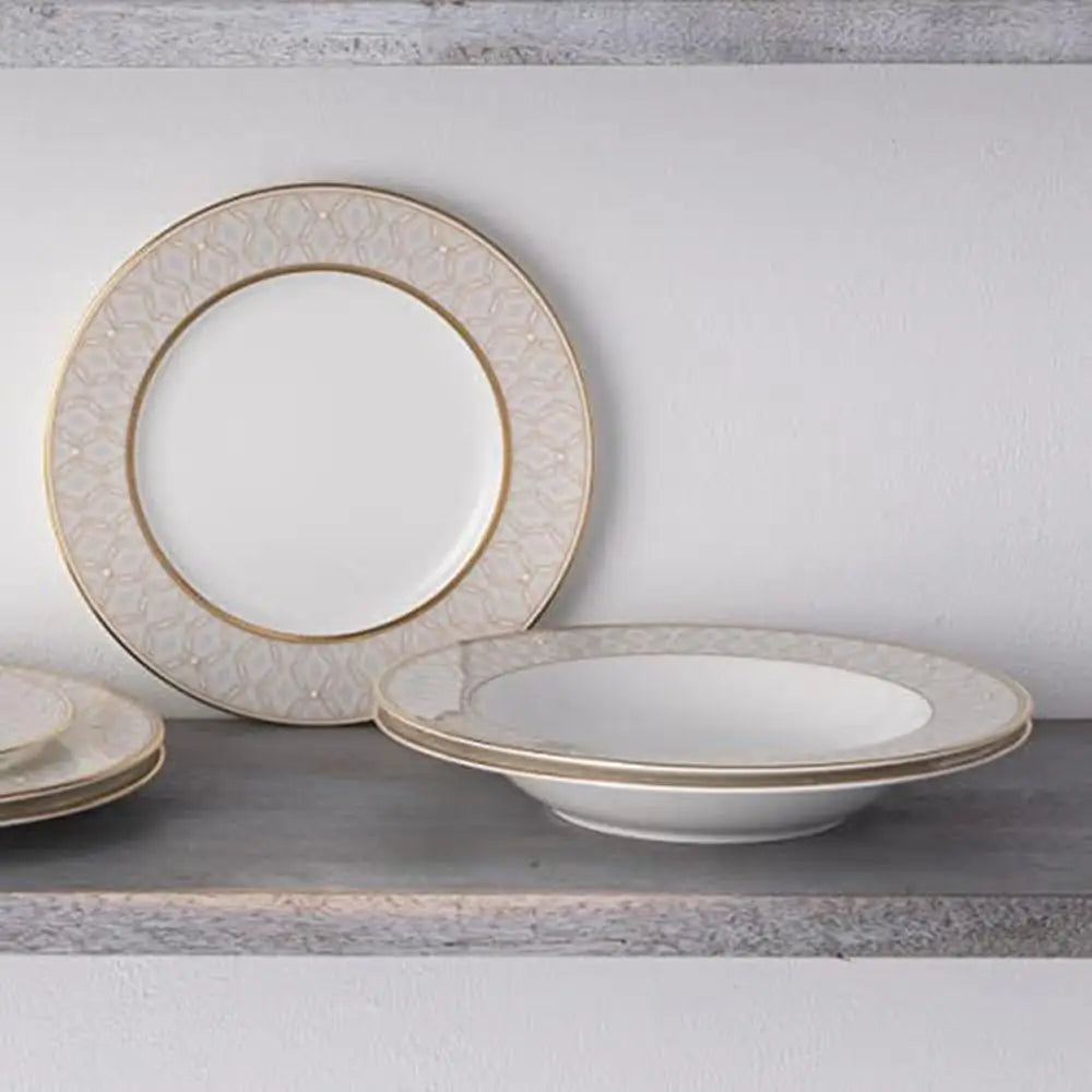 Elegant 12-Piece Cream/White Gold Band Accent Bone China Dinnerware Set