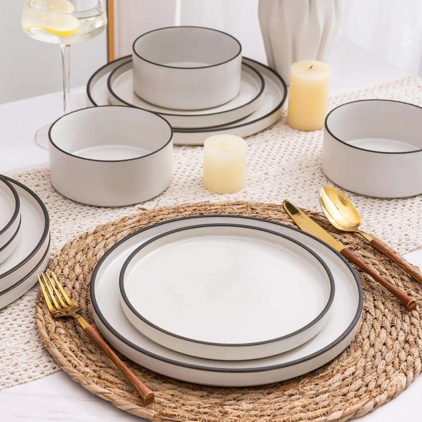 18-piece High Edge Stoneware Plates and Bowls Set, Chip and Crack Resistant