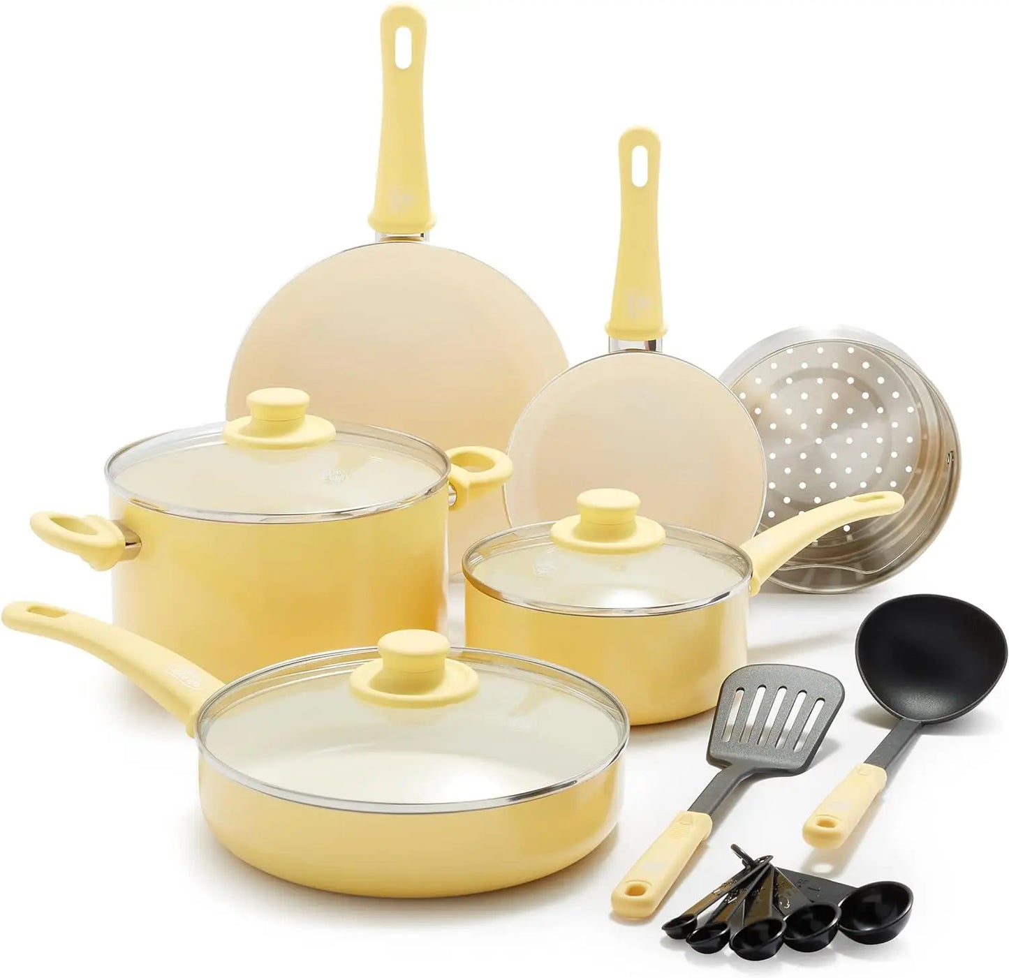 Ceramic Nonstick 16 Piece Kitchen Cookware Set, with Kitchen Utensils and Lid- Assorted Colors