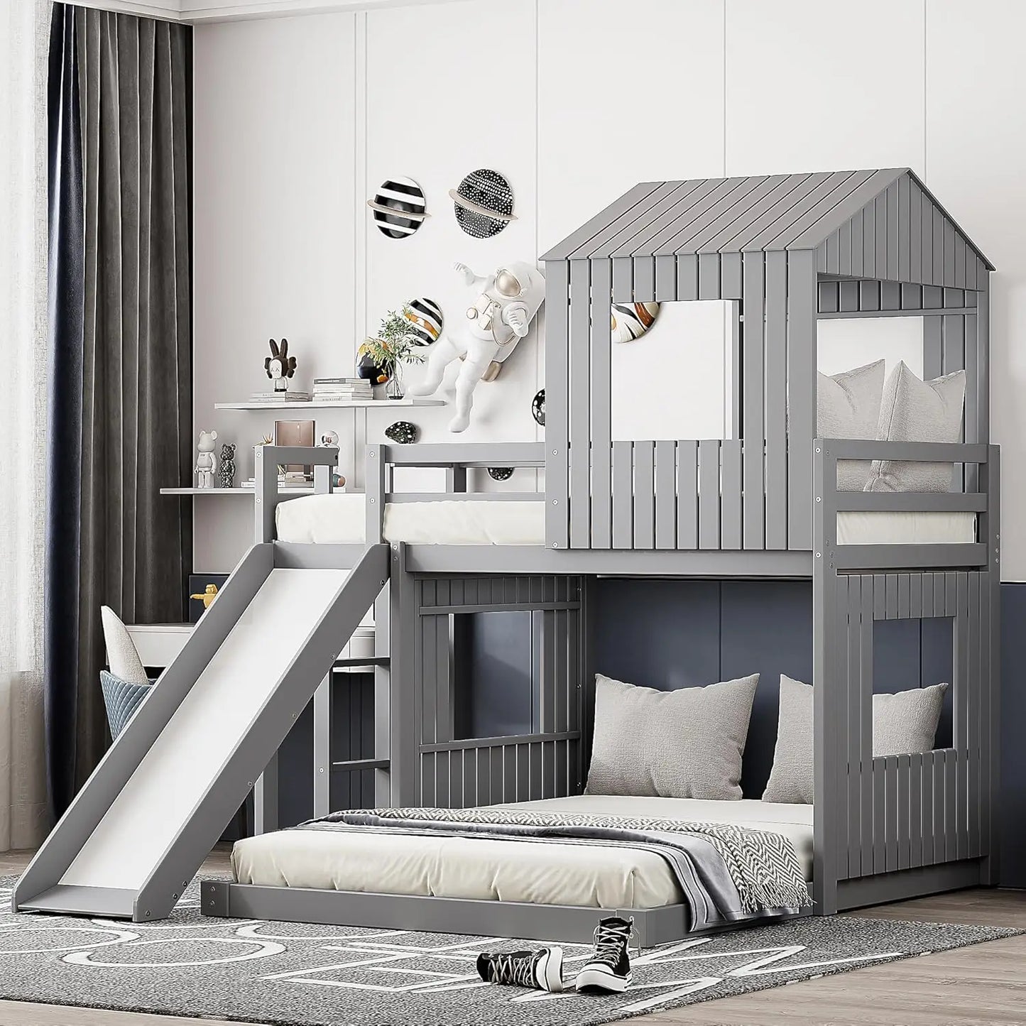 Twin Over Full Size, Wood Bunk Beds with Roof and Window, with Slide