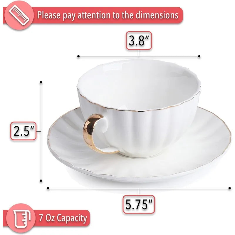 Tea Cups and Saucers, Set of 6 (7 oz) with Gold Trim and Gift Box, White