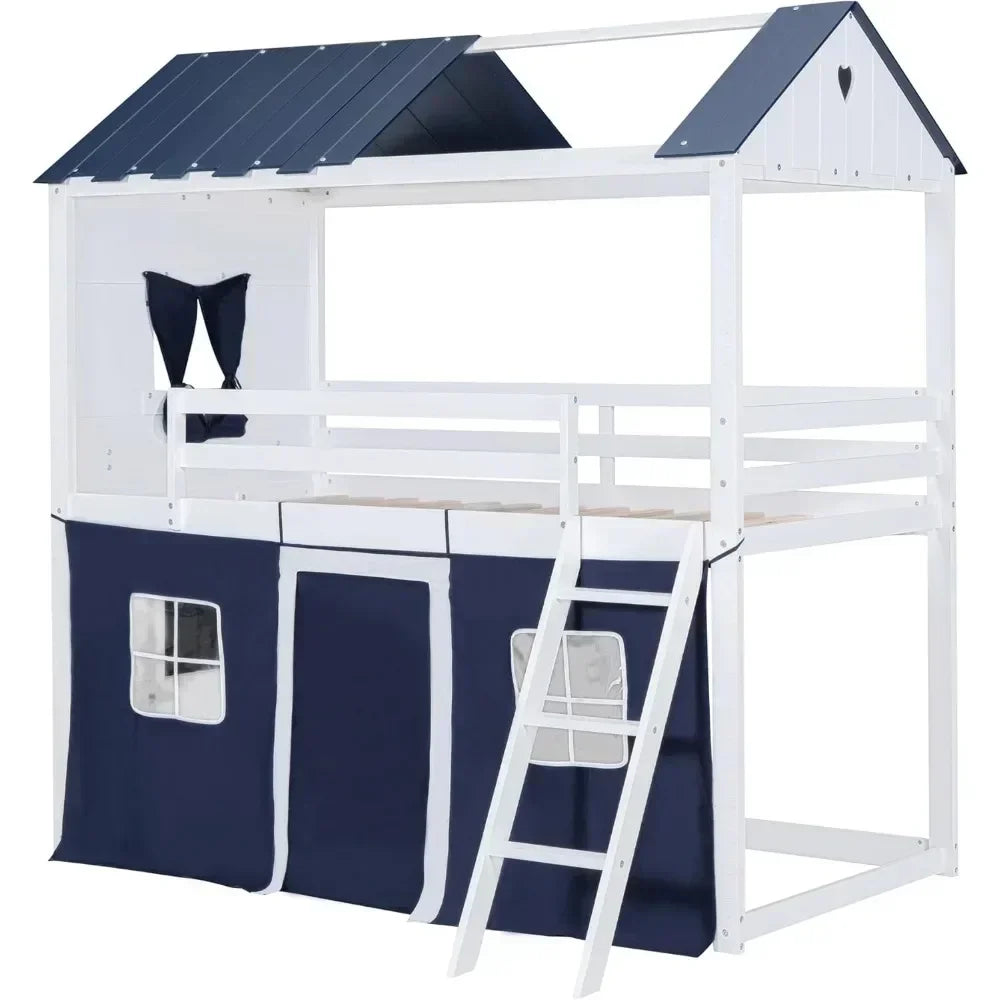 Kids House Loft Bunk Bed with Tent, Ladders, Guardrail, Windows & Roof