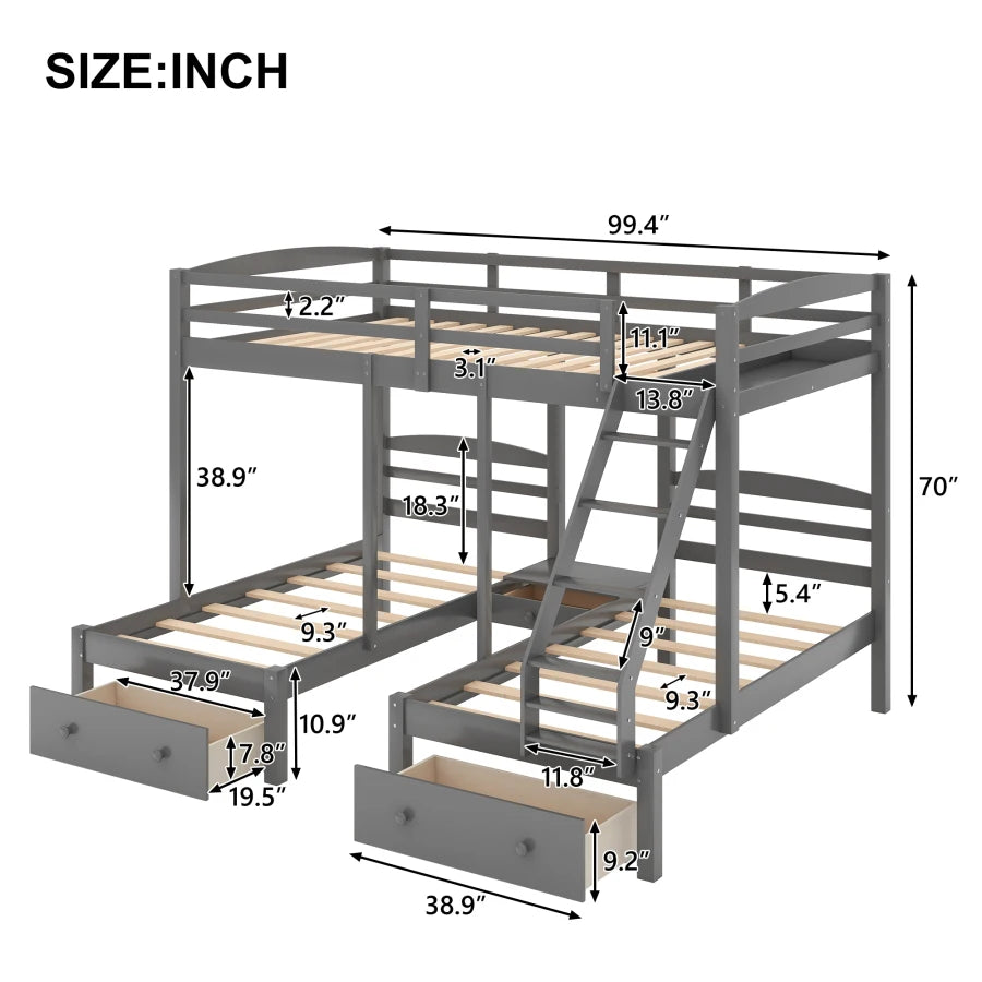 Wood Full over Twin & Twin Bunk Bed,Triple Bunk Bed with Drawers