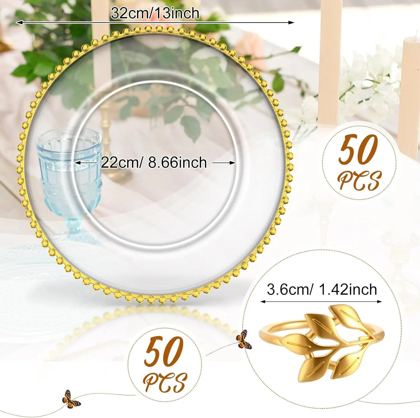 50 piece Clear 13 Inch Plastic Beaded Charger Plates - Gold Trim or Silver Trim options