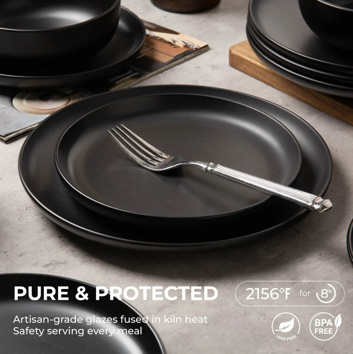 12-Piece Matte Glaze Dinnerware Set, Black