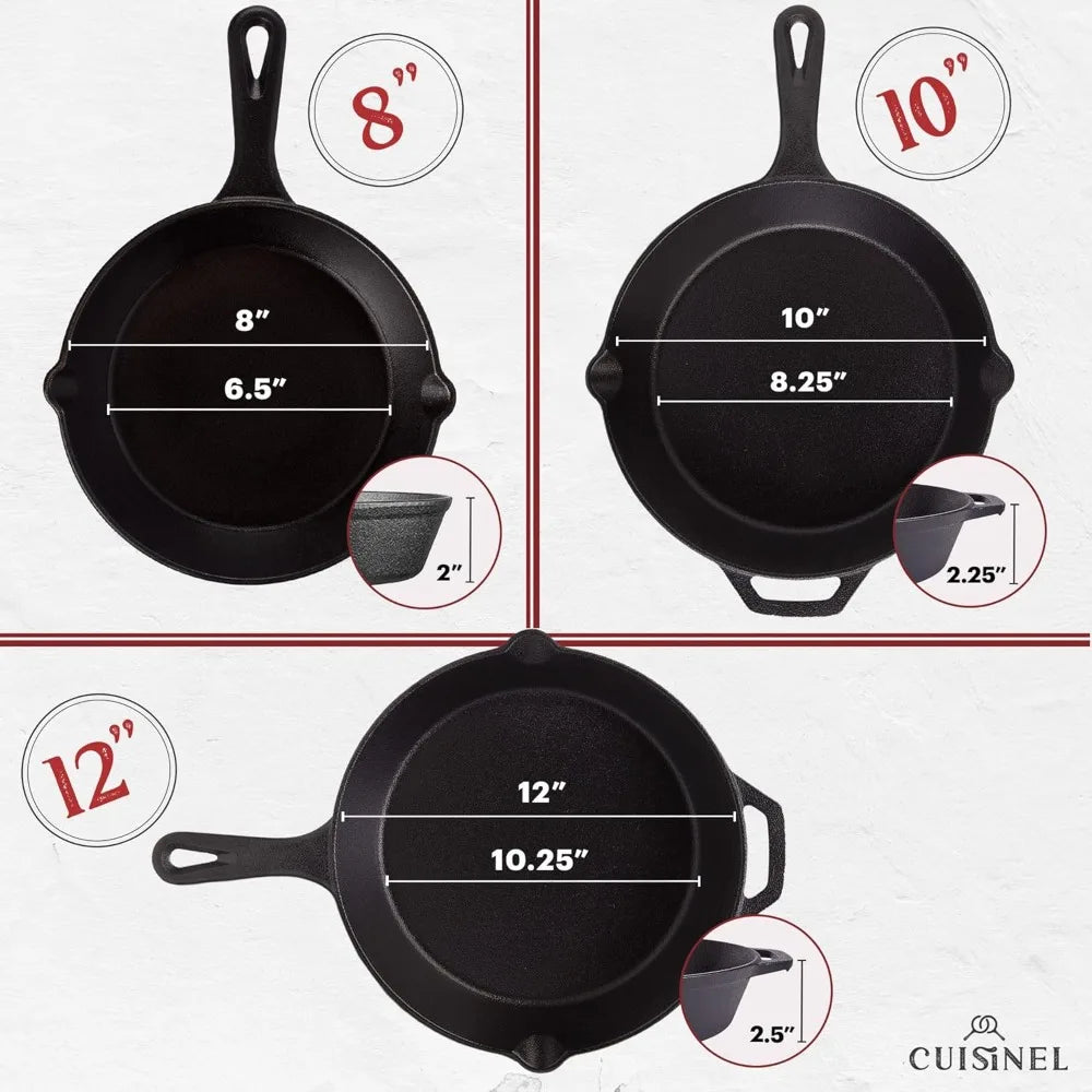 Pre-Seasoned Cast Iron Skillet Set - 8" + 10" + 12"-Inch Frying Pans + Silicone Handle Grip Covers