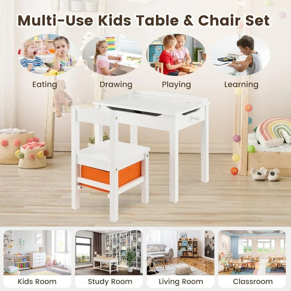 Kid's Wooden Lift-Top Desk & Chair Activity Table Set with Storage, Paper Roll Holder & Pen Slot