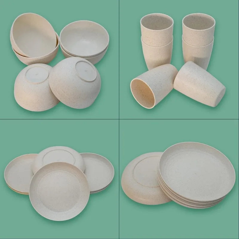 24PCS Wheat Straw Dinnerware Sets for 6, Dishwasher Microwave Safe