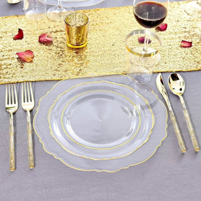 150PCS Clear-Gold Plastic Plates - Gold Plastic Silverware with Glitter Handle - 30 Guests