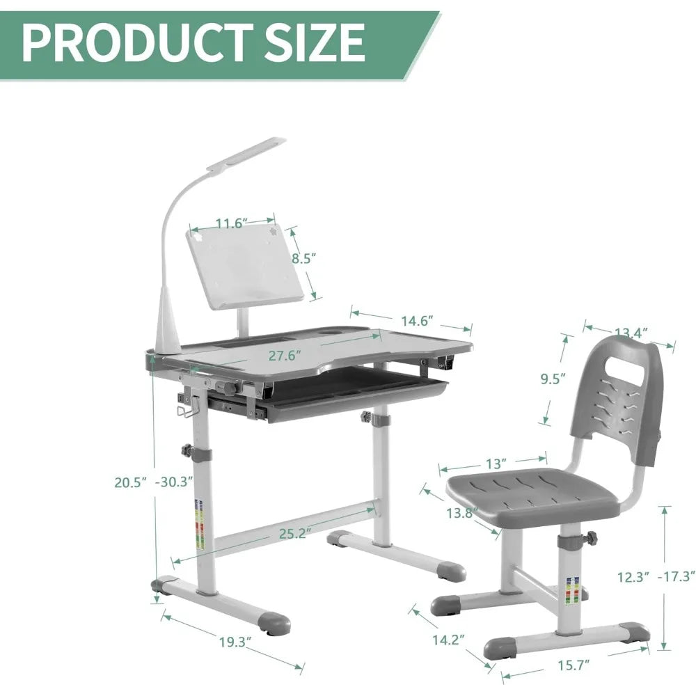 Children's Study Desk and Chair Set with Tilt Desktop, Bookstand, LED Light, Storage Drawer