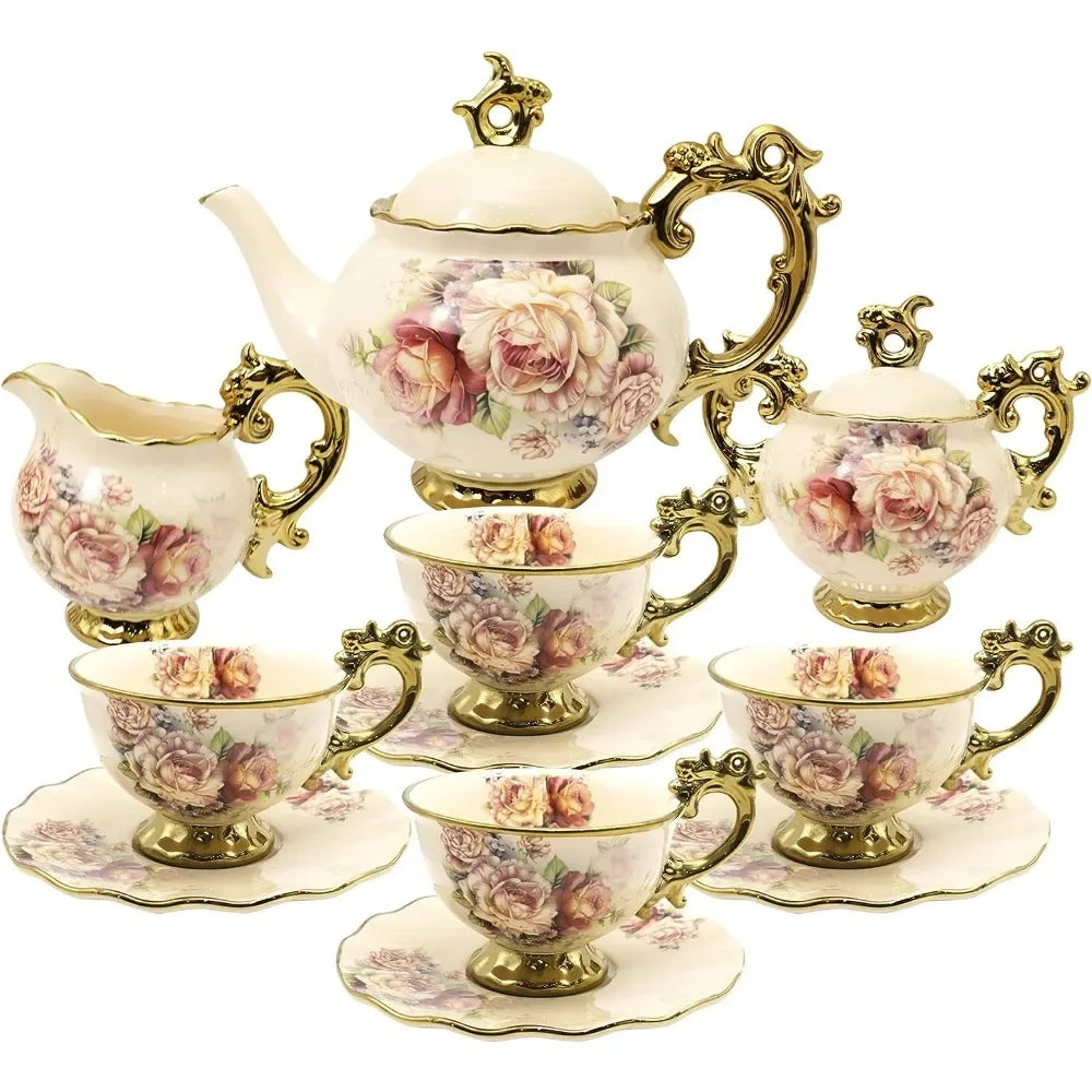 15 Piece Vintage Floral Porcelain Chinese Tea Set