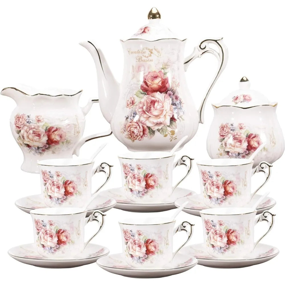 5 Piece Porcelain Rose Pattern Vintage Tea Set