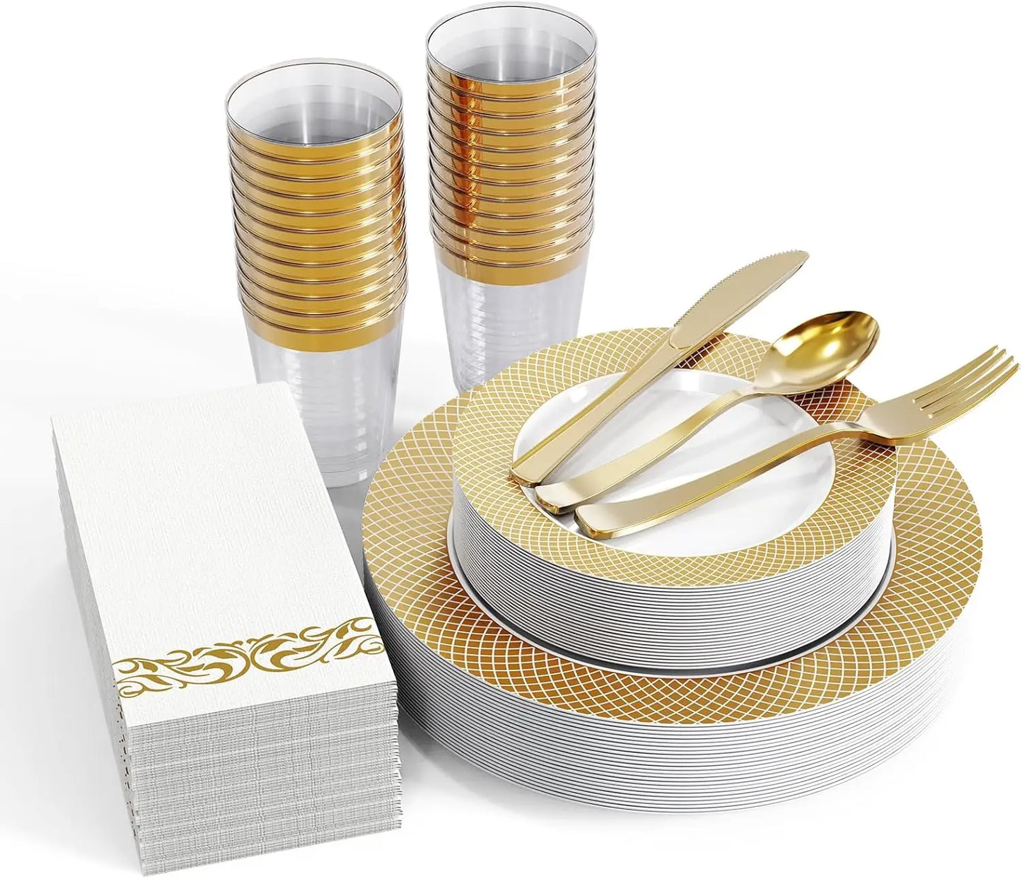 Elegant Fancy Gold Grid Rim Disposable Plastic Plates Set