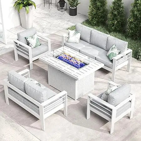 5 Piece Aluminum Furniture Set with Fire Pit Table