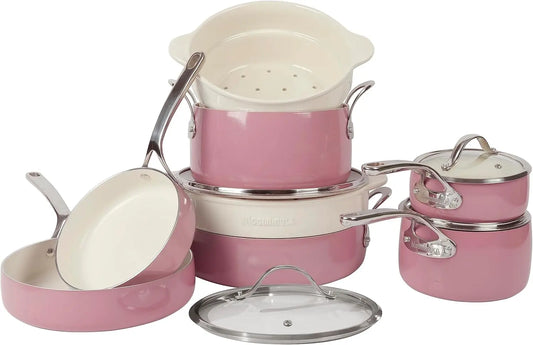 Oprah's Favorite Things - 12 Piece Aluminum Pots and Pans Cookware Set w/Non-toxic Non-stick Ceramic Steamer Insert