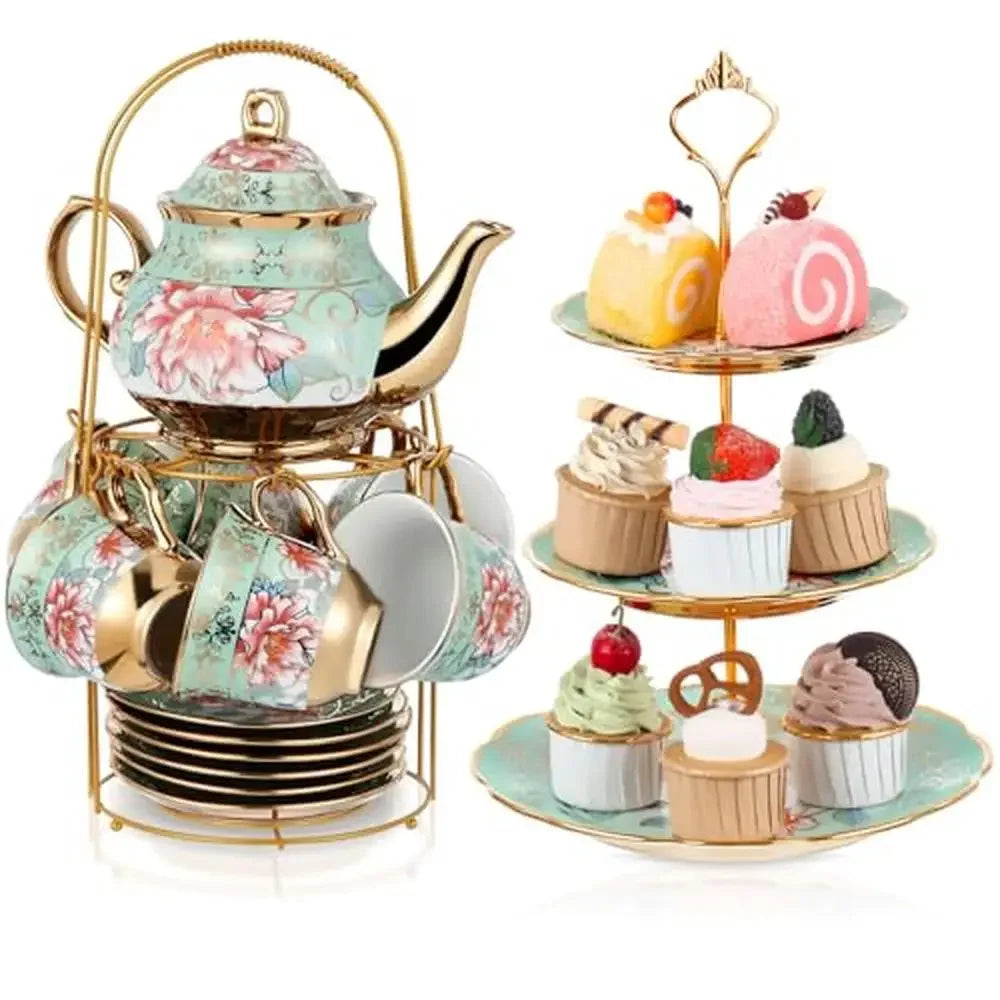 3-Tier 21-Piece European Porcelain Tea Set with Metal Holder