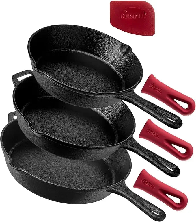 Pre-Seasoned Cast Iron Skillet Set - 8" + 10" + 12"-Inch Frying Pans + Silicone Handle Grip Covers