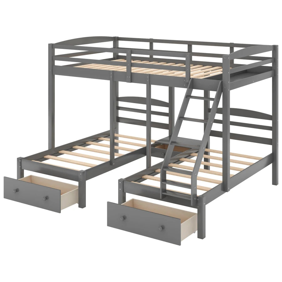 Wood Full over Twin & Twin Bunk Bed,Triple Bunk Bed with Drawers