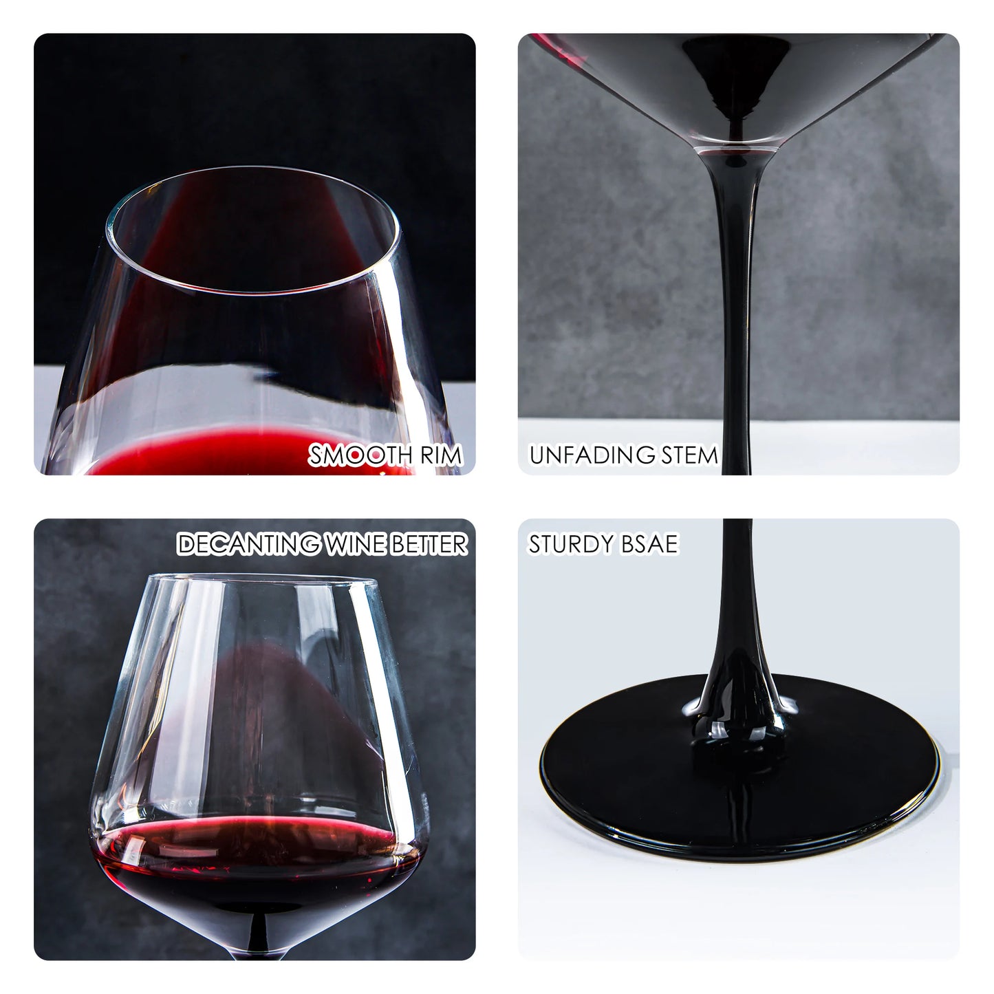 Set of 6, 20 oz Wine Glasses with Black Stem & Base