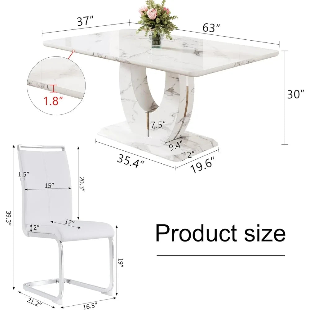 White Faux Marble Rectangle Dining Table Set for 6